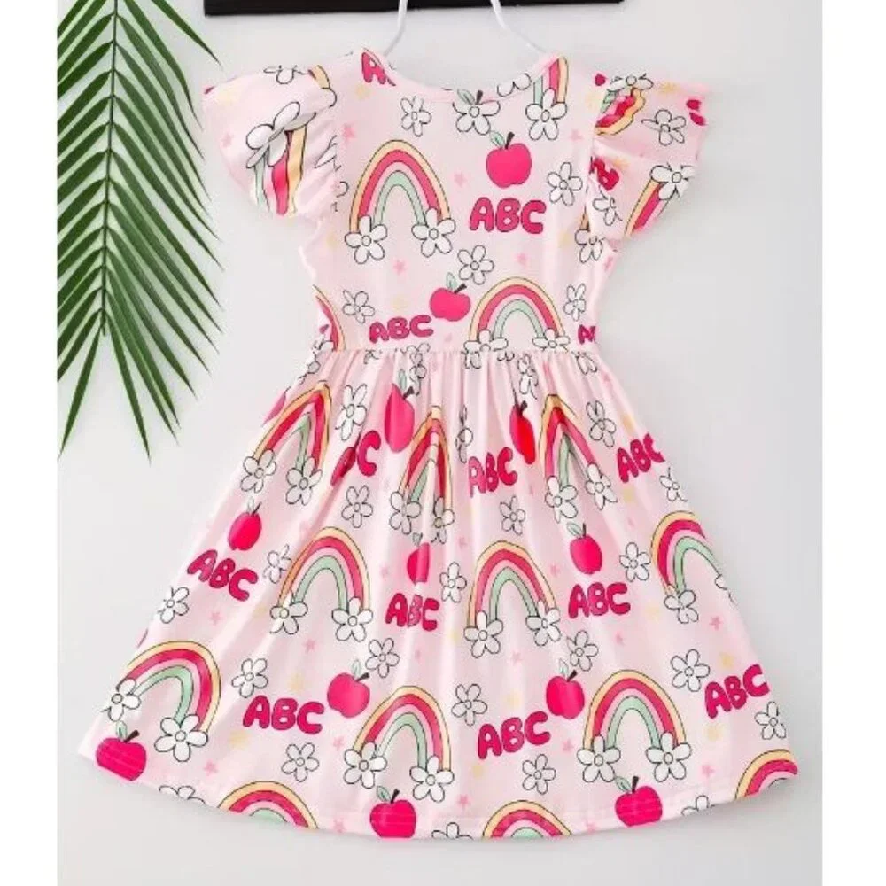 Boutique Back to School Rainbow Apple Girls Sleeveless Pink Dress